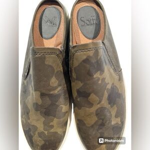 SÖFFT Olive/Army Green Leather Camo Slip-on Mule 8M Good Used Condition.